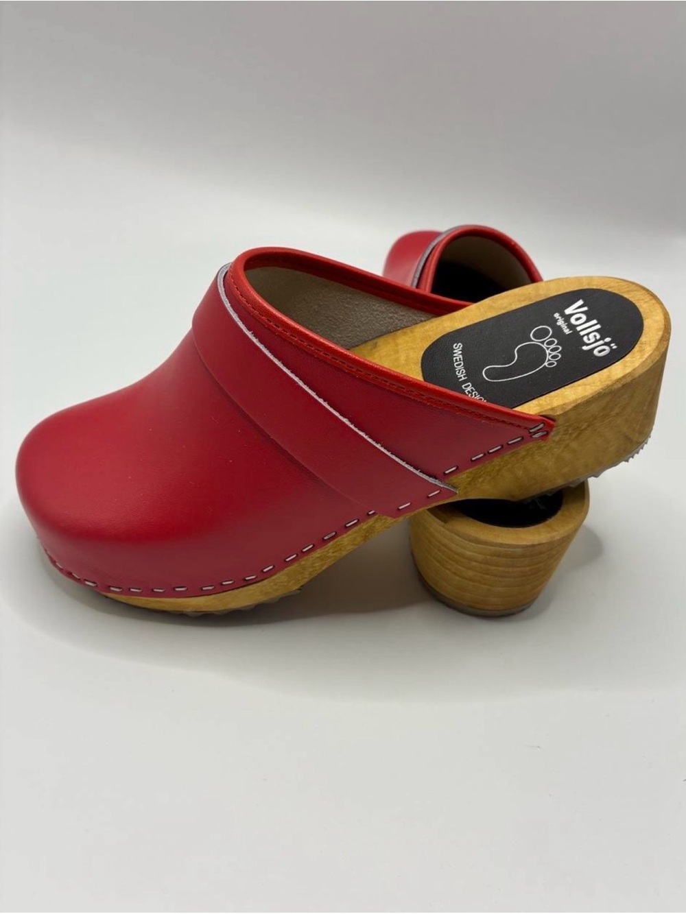 Vollsjo Swedish Red Leather Wooden Clog Mules US 8.5 EU39 New